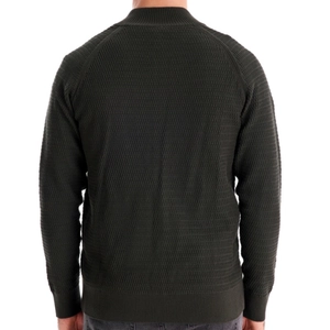 Men's olive green waffle knit pullover sweater with stand collar and ribbed cuffs