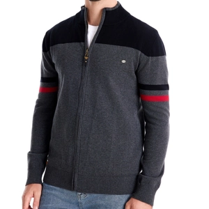 Gilet en maille gris pour homme avec col montant noir et rayures sur les manches
