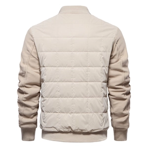 Men's beige bomber jacket with stand collar and square quilted back panel design