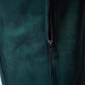 Men's dark green suede jacket featuring premium brushed metal zipper and fine texture