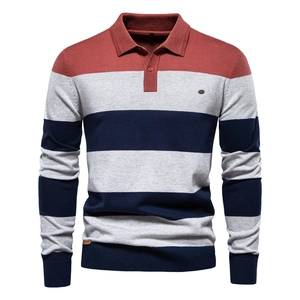 Maglione Polo a Righe da Uomo Manica Lunga Blocchi di Colore Vestibilità Slim Casual Business Autunno Inverno Camicia in Maglia