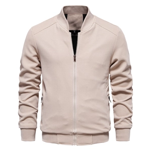 Men's slim fit waffle texture bomber jacket in beige with stand collar and zipper