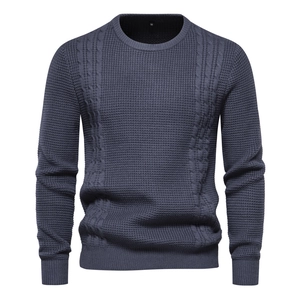 Men's Solid Color Waffle Cable Knit Sweater Slim Fit Round Neck Long Sleeve Autumn Pullover Casual Warm Knitwear Top