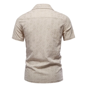 Men's beige short sleeve shirt with jacquard geometric pattern and polo collar back view