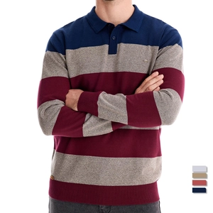 Maglione polo uomo a maniche lunghe in maglia a righe color block blu navy e bordeaux