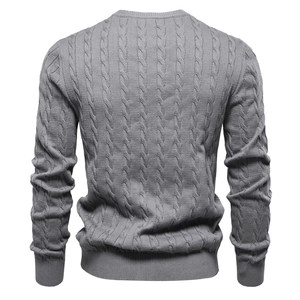 Grauer Zopfstrickpullover für Herren mit klassischem Rundhals und Rippbündchen
