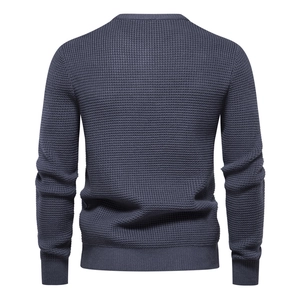 Deep blue-grey waffle knit sweater for men with classic crew neck and ribbed hem, back view