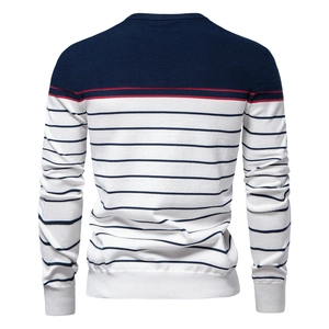 Back view of men's striped knit sweater with blue, white and red color blocking design