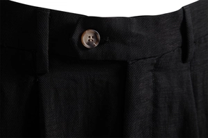 Detailed macro view of black twill shorts featuring a brown tortoiseshell waist button