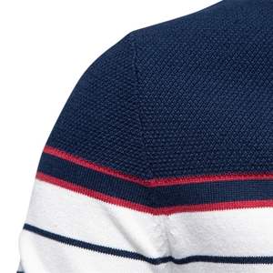 Men's striped knit sweater featuring navy, white, and red colorblock textured fabric