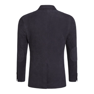 Men's slim fit navy wool coat with single vent back and quilted elbow patches detail
