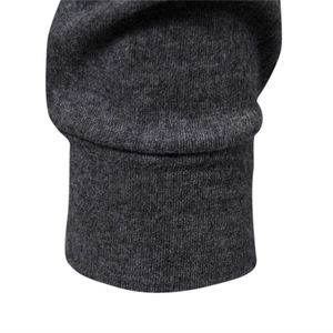 Classic ribbed cuff detail of a high-quality dark grey knitted long-sleeve top for men