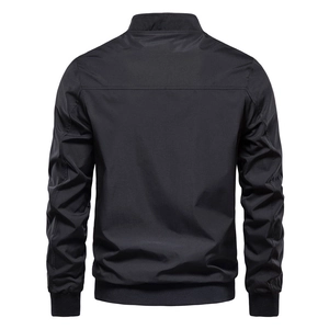 Slim fit men's black bomber jacket with stand collar and ribbed cuffs seen from the back