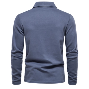 Men's slim fit long sleeve polo shirt in dark gray blue, high-quality washed cotton fabric