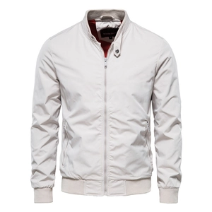 Giacca bomber da uomo slim fit con collo alto beige con zip intera e polsini a costine