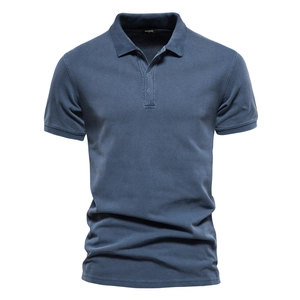 Classic blue-grey men's short sleeve cotton polo shirt with ribbed collar and buttons