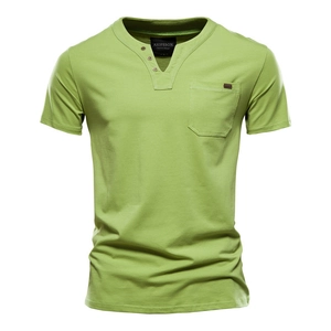 Men's slim fit cotton Henley t-shirt in light green with wood buttons and pocket