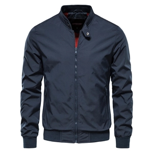Men's dark blue casual stand collar jacket with windproof snap and red lining