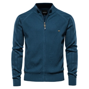 Men Knitted Cardigan Stand Collar Zipper Diamond Jacquard Cotton Sweater Jacket Warm Casual Outerwear For Daily Wearing