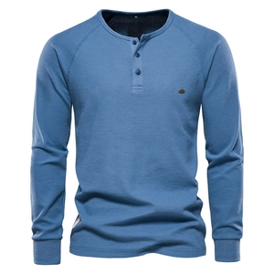 Men's Waffle Knit Henley Shirt Long Sleeve Cotton Blend Casual Solid Color Slim Fit Pullover Top Fashion Male Clothing
