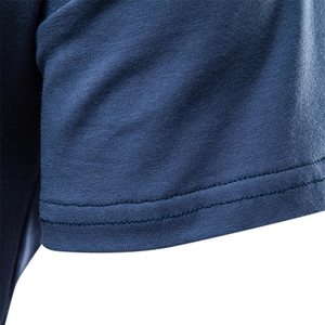 Detail view of dark blue cotton T-shirt sleeve with double-needle stitching quality