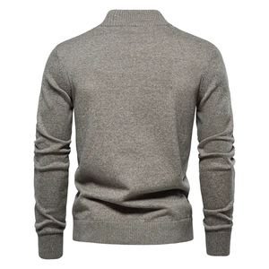 Back view of premium men's dark grey knit cardigan with ribbed cuffs and stand collar
