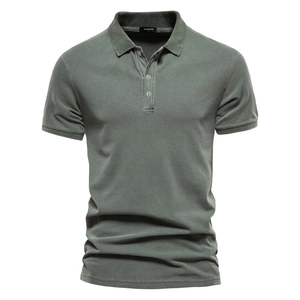 Short sleeve sage green cotton pique polo shirt for men with classic 3-button collar