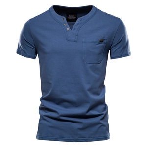 Men's blue Henley T-shirt with short sleeves, featuring three buttons and a chest pocket