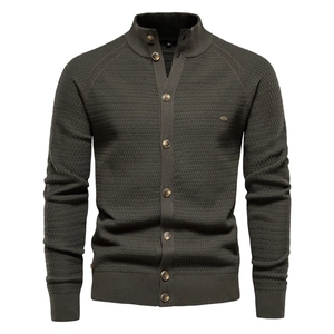Men Knit Cardigan Sweater Cotton Waffle Texture Stand Collar Button Down Casual Winter Business Fashion Jacket For Male