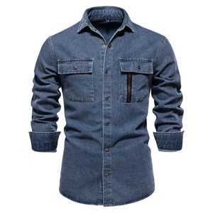Men Fashion Long Sleeve Cotton Denim Shirt With Chest Double Pockets Decorative Zipper Washed Casual Workwear Tops Men