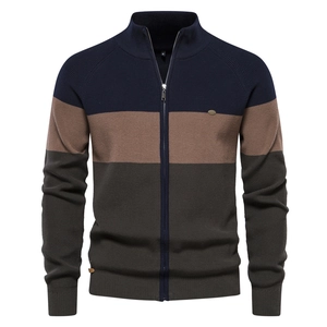 Men Casual Cotton Blend Knit Cardigan Sweater Color Block Stand Collar Zipper Jacket Long Sleeve Top For Men Outwear