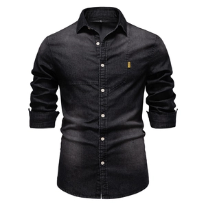 Classic men's charcoal grey long sleeve denim shirt with contrast buttons and front pocket