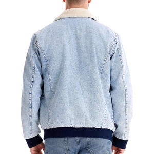 Men's winter fleece-lined denim jacket with white sherpa collar and ribbed cuffs back view