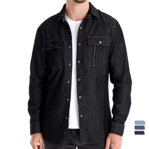 Men's solid color cotton long sleeve denim shirt with dual pockets and decorative zipper