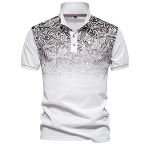 Men's Casual Short Sleeve Polo Shirt Gradient Floral Print Pique Cotton Top Breathable Lapel Business Fashion Summer Clothing