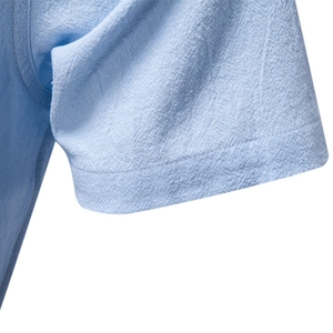 Short sleeve light blue cotton linen shirt with stand collar and textured fabric detail