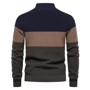 Men's tricolor patchwork knit sweater with navy, brown, and grey block design