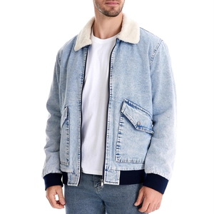 Men's winter fleece denim jacket in light blue wash with white faux fur collar and ribbed cuffs