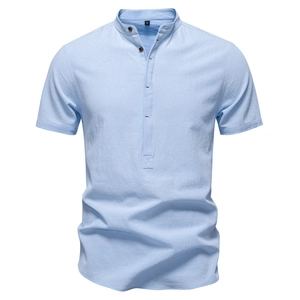 Men's light blue short sleeve cotton linen shirt with stand collar and buttons
