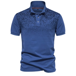 Classic blue men's polo shirt with floral prints on the chest and cotton pique fabric