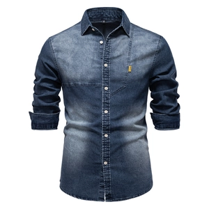 Mens vintage washed dark blue denim long sleeve shirt with front pocket and retro finish