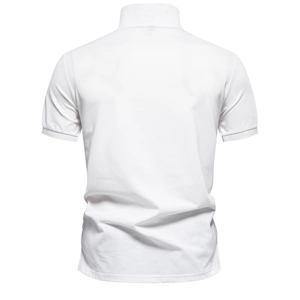 Classic white short sleeve polo shirt for men with breathable textured fabric back view