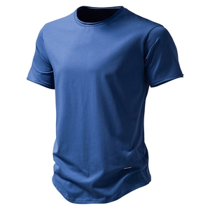 T-shirt homme en coton bleu marine avec col rond et ourlet incurvé asymétrique