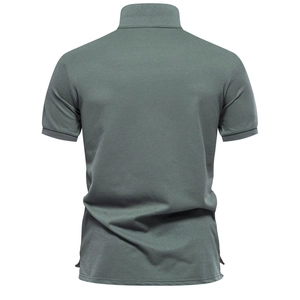 Men's polo shirt in olive green with ribbed cuffs and side slits from back view