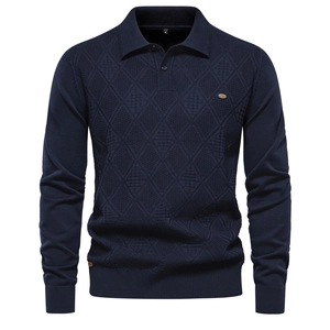 Men Long Sleeve Polo Collar Knit Sweater Diamond Pattern Slim Fit Cotton Pullover European Size Casual Business Autumn Winter Top