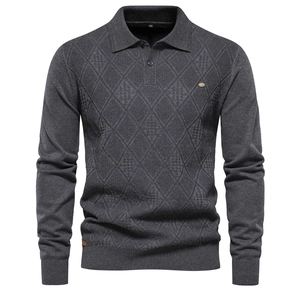 Men's slim fit charcoal grey diamond pattern knit polo sweater with long sleeves