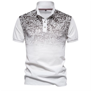 Men's khaki cotton polo shirt with black gradient leaf print on white background