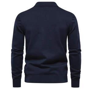 Slim fit dark blue long sleeve knit polo sweater for men with a classic collar design