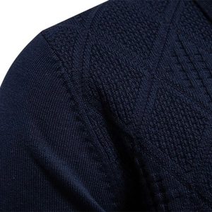 Navy blue men's slim fit knit sweater with textured diamond pattern and lapel collar