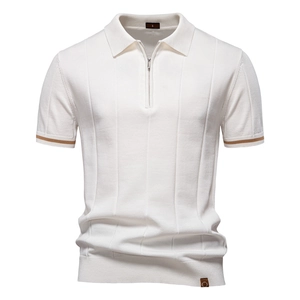Men Knit Polo Shirt Short Sleeve Half Zip Lapel Collar Vertical Striped Texture Viscose Blend Business Casual Breathable Top